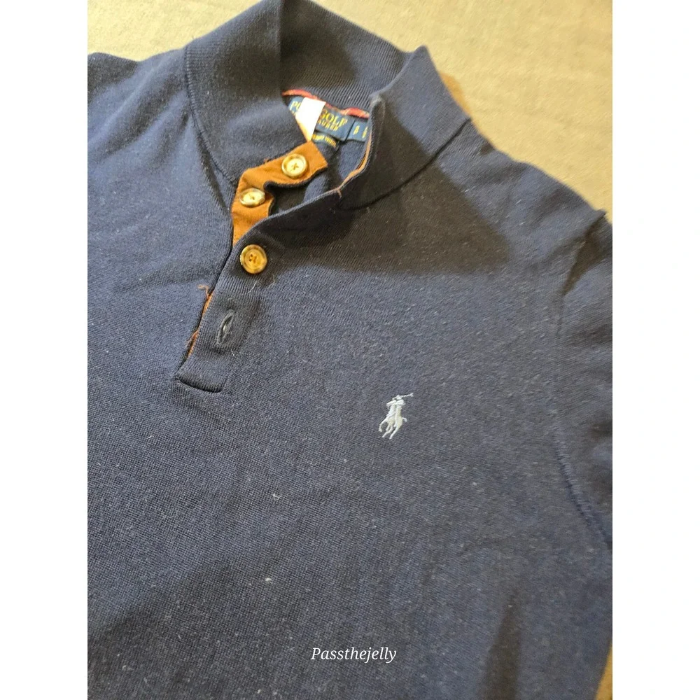 Vtg Polo Ralph Lauren Sweater Mens Small Blue Henley Mock Neck Merino Wool Pony